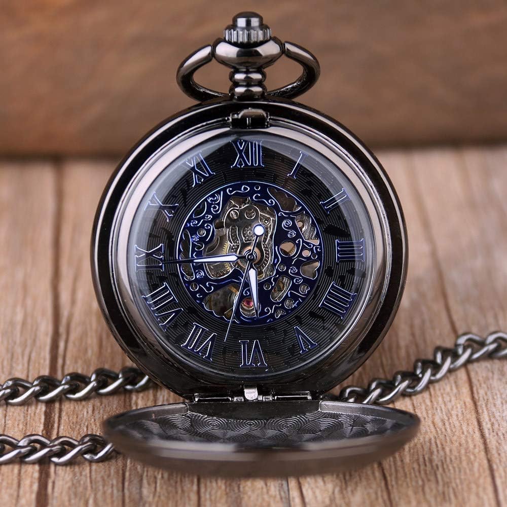 Pocket Watch Classic Skeleton Blue Roman Numerals Dial Mechanical Pocket Watch Hand Winding Chain for Men