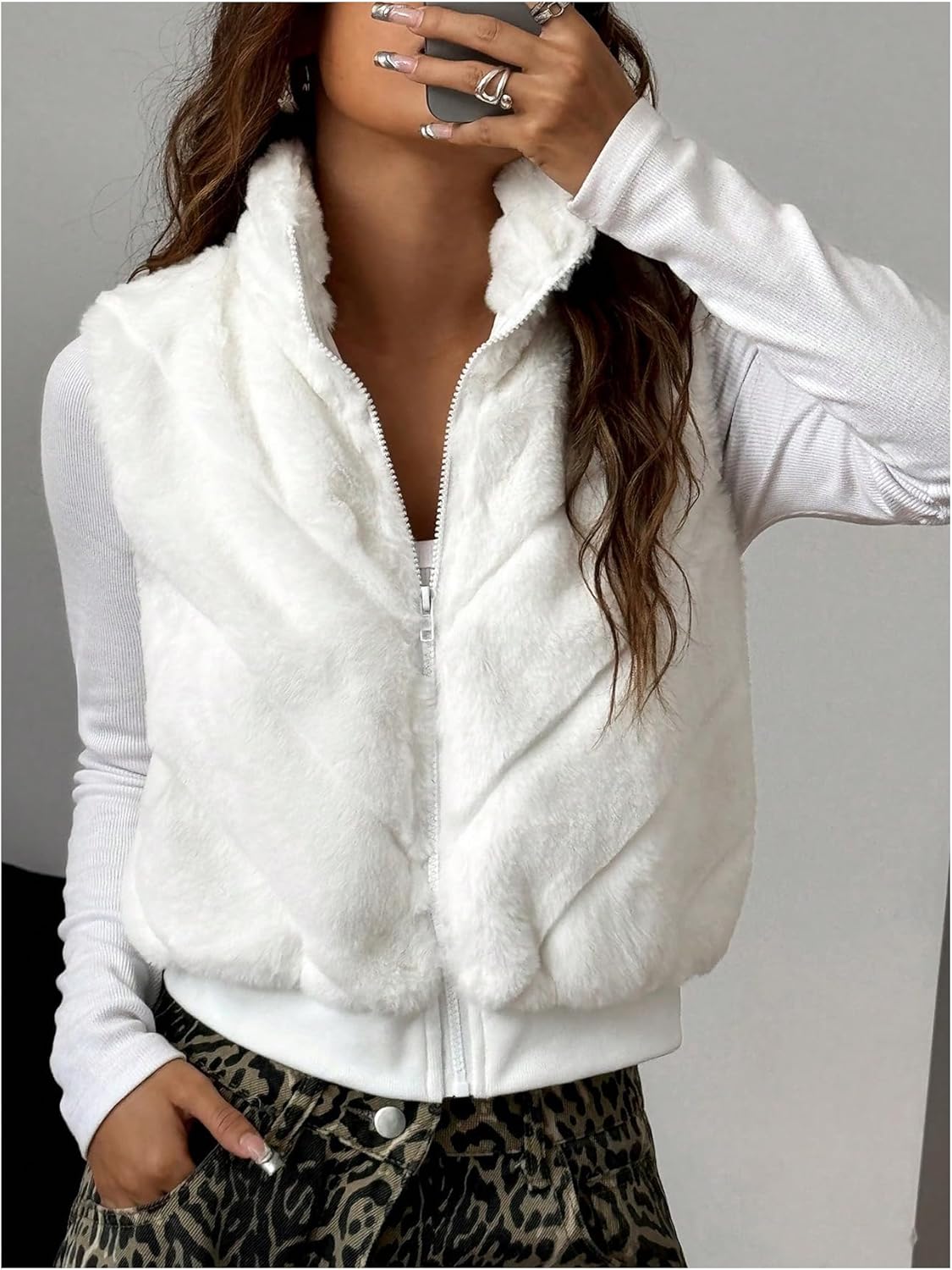 MakeMeChic Women's Fuzzy Zip Up Vest Crop High Neck Sleeveless Jacket Outerwear - Image 5