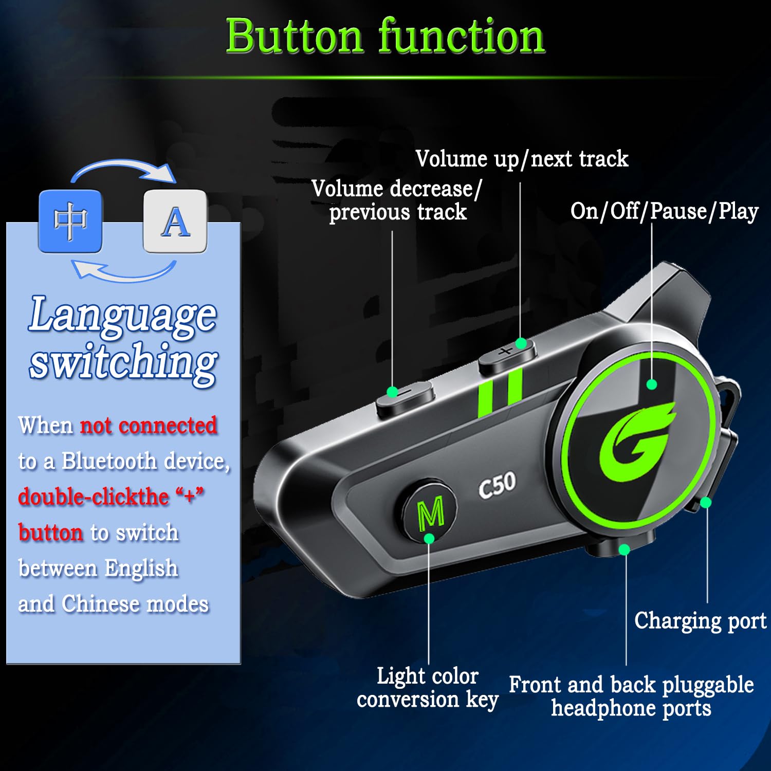 C50 Interfono Moto, Interfono Moto Bluetooth con Riconnessione Automatica, Casco Moto Auricolare con Risposta Automatica/Controllo Vocale/Impermeabile IP67(1Pack)