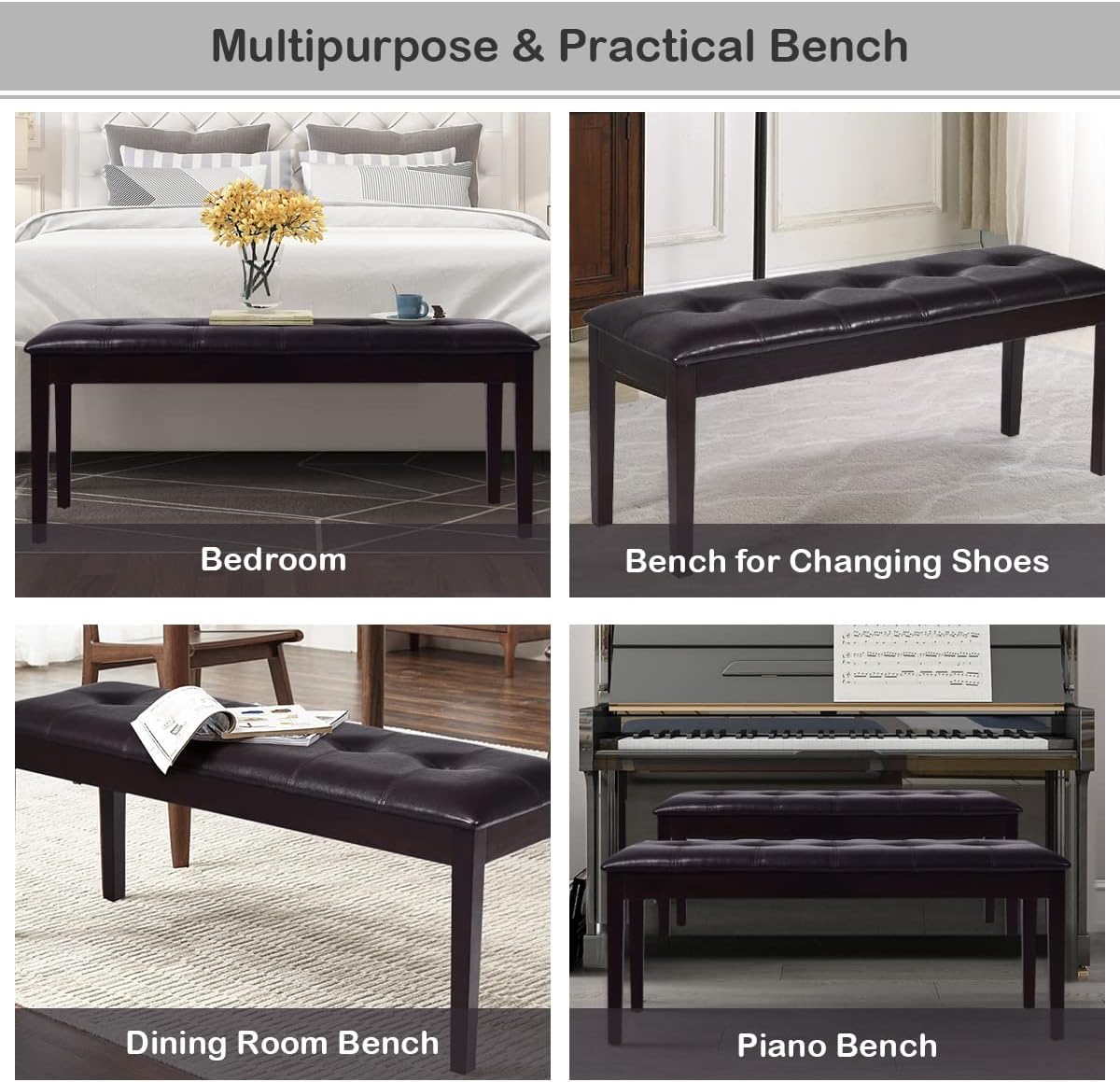 Upholstered Dining Bench Seat with PU Leather, Button-Tufted Ottoman Accent Bench w/Rubber Wood Legs, End of Bed Bench for Bedroom, Entryway Bench for Living Room, Hallway (Brown)