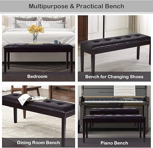 Miniatura 6 de GORELAX Asiento de comedor tapizado con piel sintética, banco otomano con botones y patas de madera de goma, banco de extremo de cama para