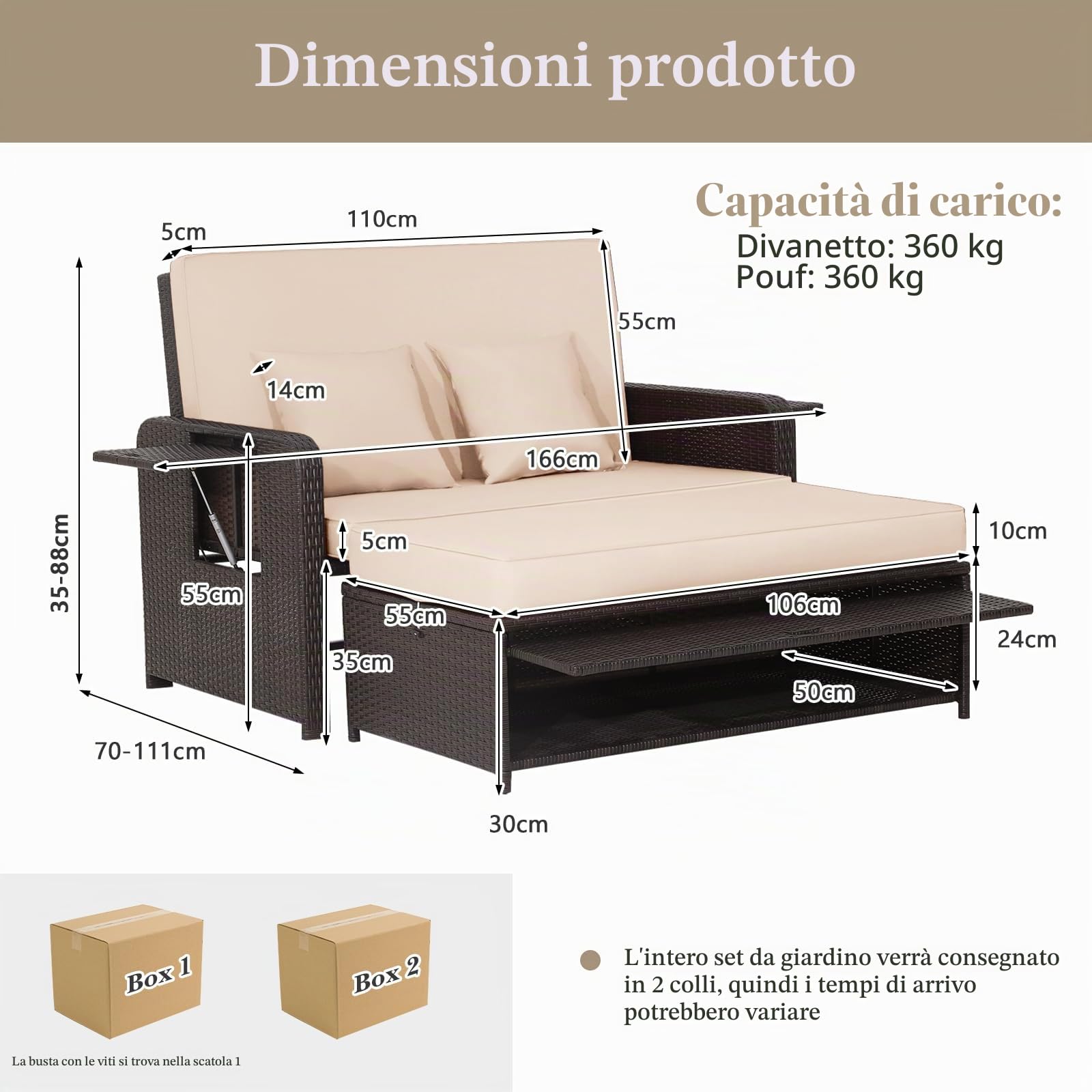 GIANTEX Divano da Giardino in Rattan con Poggiapiedi, Doppio Divano da Esterno con Schienale Regolabile, Mobili da Giardino per Terrazza, Balcone, Cortile