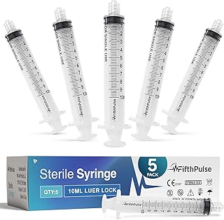 10 ml Syringe without Needle - 5 Pack of Individually Wrapped Disposable Syringes - Good for Medical, Scientific Lab, Home Use, and More - Sterile Luer Lock Syringes