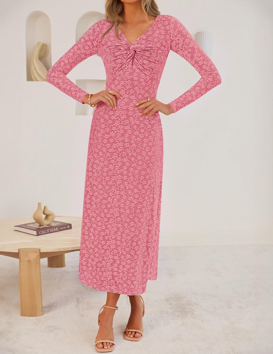 ZESICA Women's Fall Floral Long Sleeve Bodycon Dress 2026 Elegant V Neck Cocktail Party Long Midi Dresses - Image 8