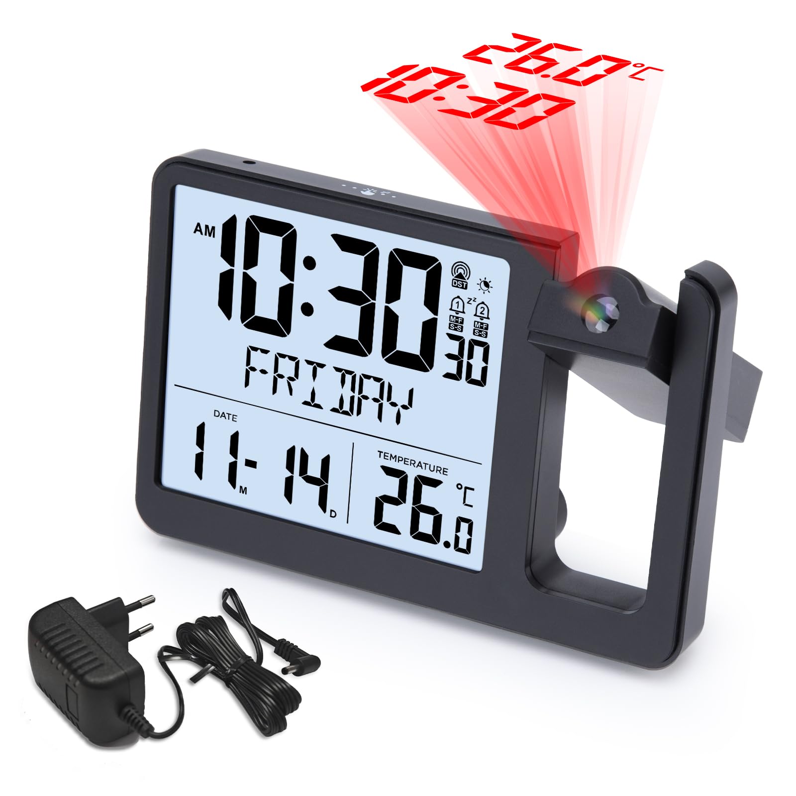VIVILINEN Reloj Proyector Techo con Enchufe, 2 Alarmas, Sensor de Luz, Reloj Despertador con Temperatura, Repetición, Fecha, Visualización de la Semana