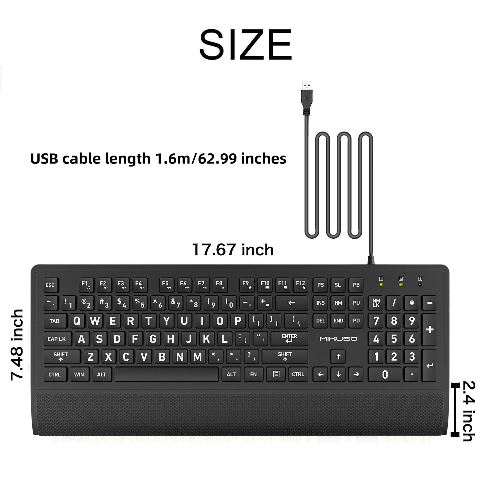 Grande tastiera per computer, con cavo, USB, con coperchio, poggiapolsi, lettere chiave sovradimensionate per ipovedenti e ipovedenti, facile da vedere e digitare per laptop, PC, Windows