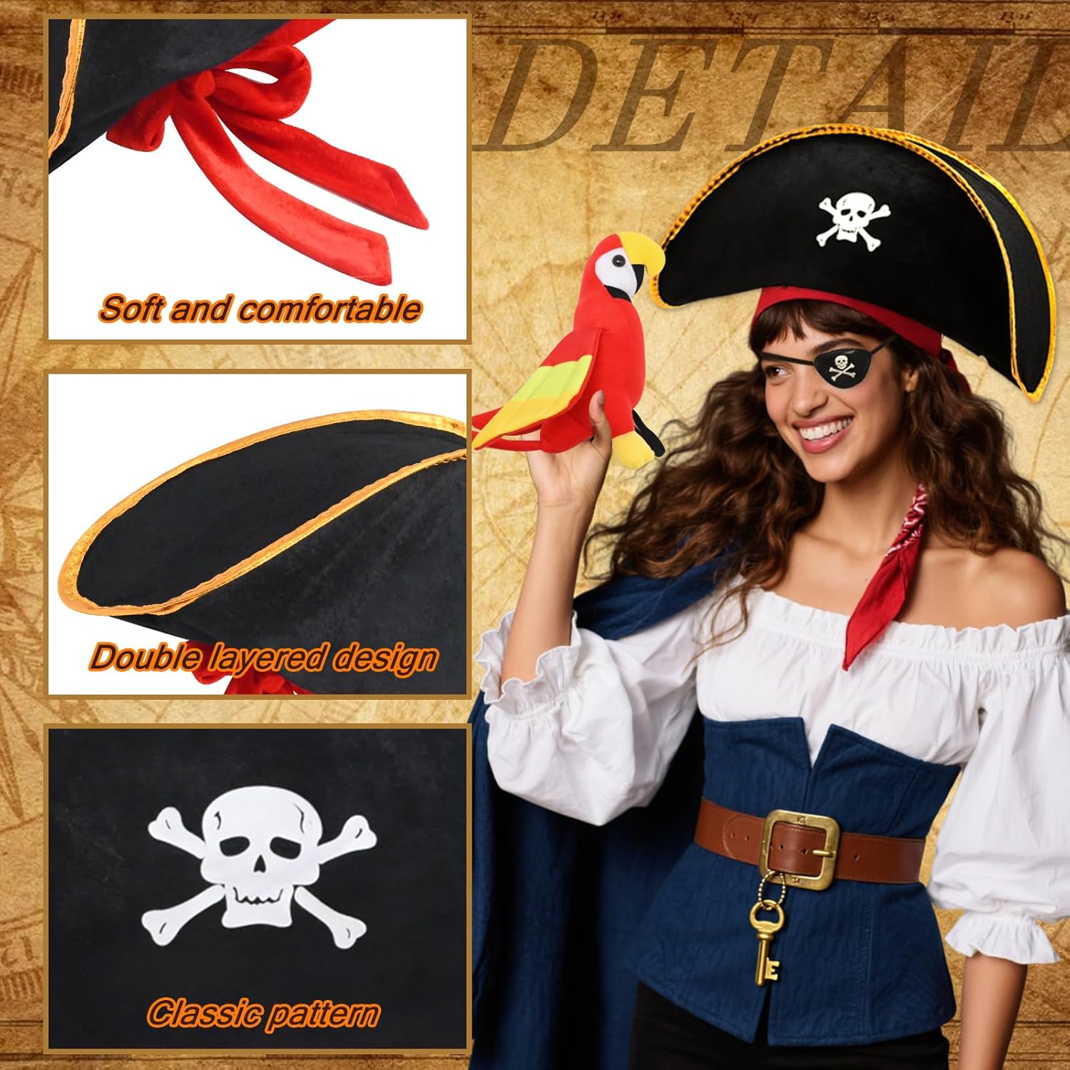 6Pcs Pirate Hats Shoulder Parrot Pirates Costume Accessories for Halloween Party Favors Cosplay Shows Christmas - Image 4
