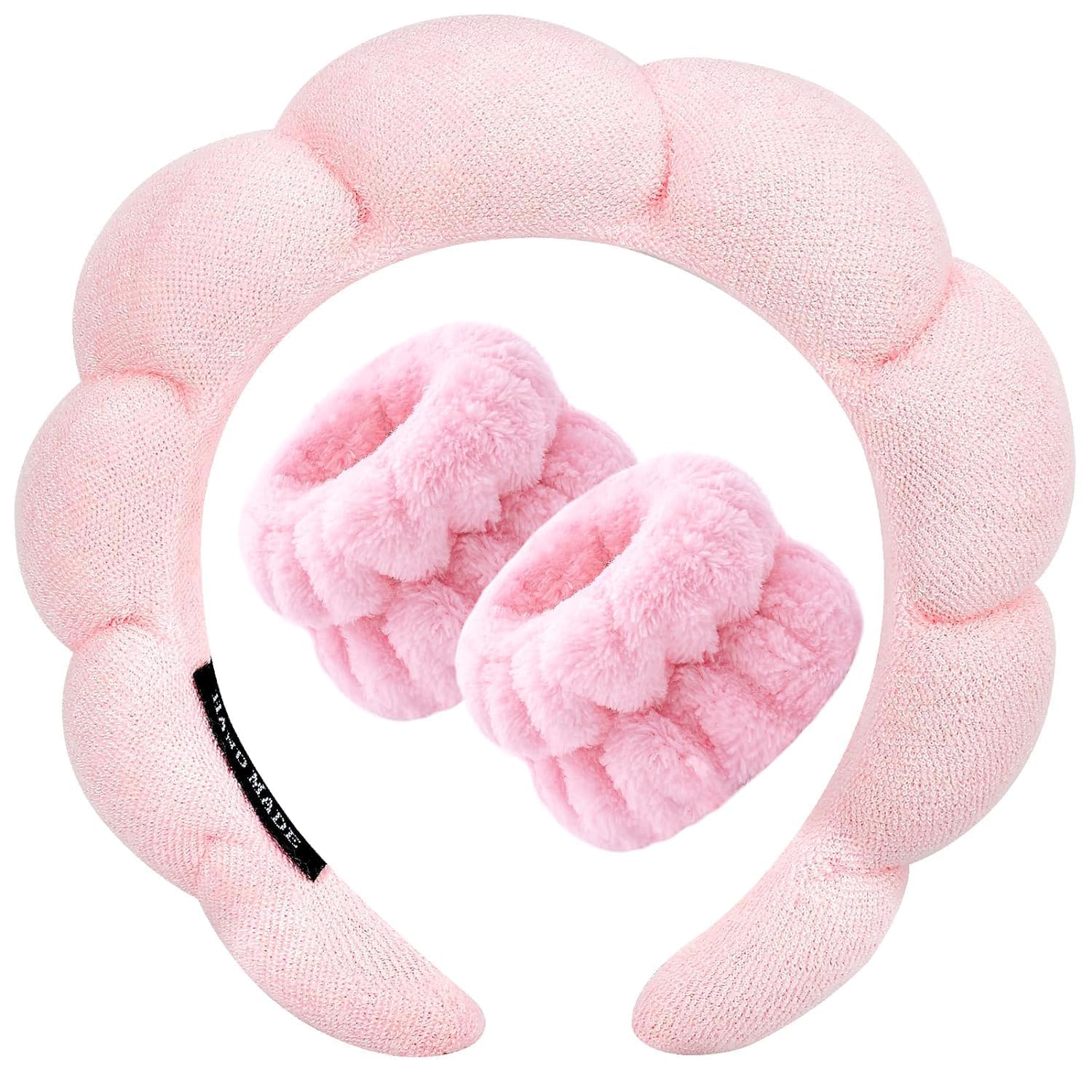 BuntyChiku 1Pcs Facial Spa Headband 2Pcs Wristband Combo Set, Pink Makeup Headband and Wrist Washband Set for Face Washing, Skincare, Shower, Makeup Removal-image-31