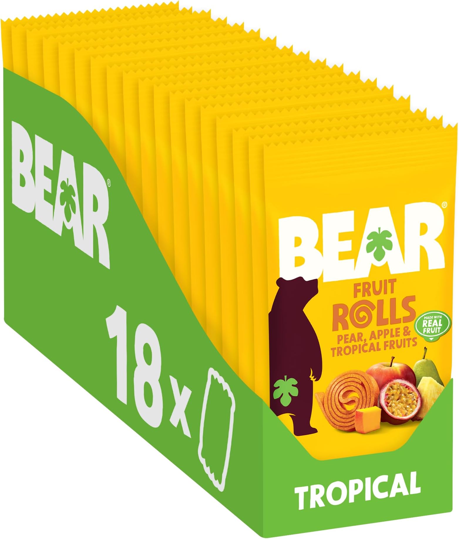 BEAR Real Fruit Snack Rolls - Gluten Free, Vegan, and Non-GMO - Tropical โ 36 Rolls, Healthy School And Lunch Snacks For Kids And Adults, 0.7 Ounce (Pack of 18)