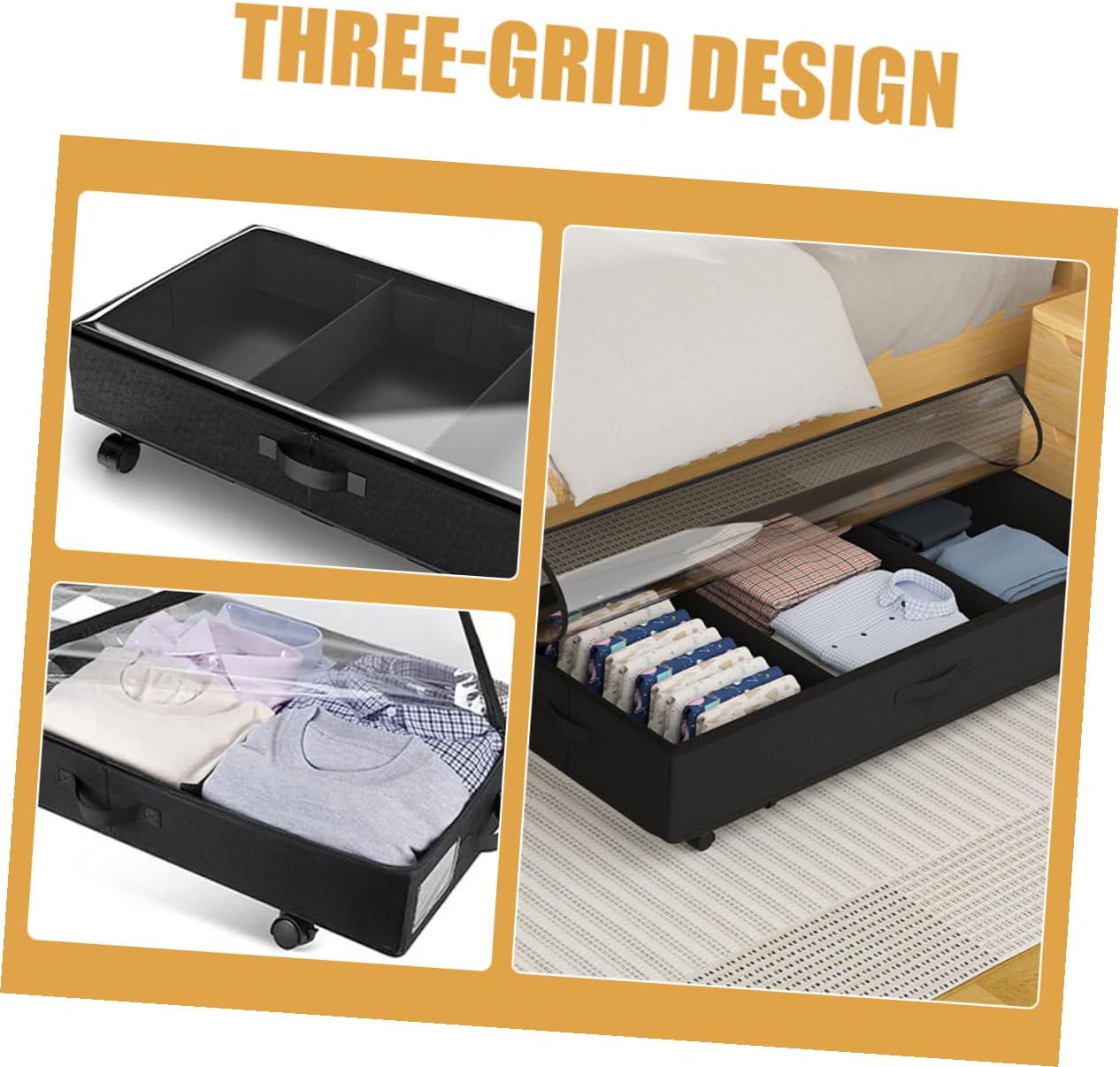 Bed Clothes Organizer Storage Bin with Wheels, Large Capacity Oxford Fabric 3-compartment Storage Case, Dustproof Sliding Container for Bedding, and Clothing