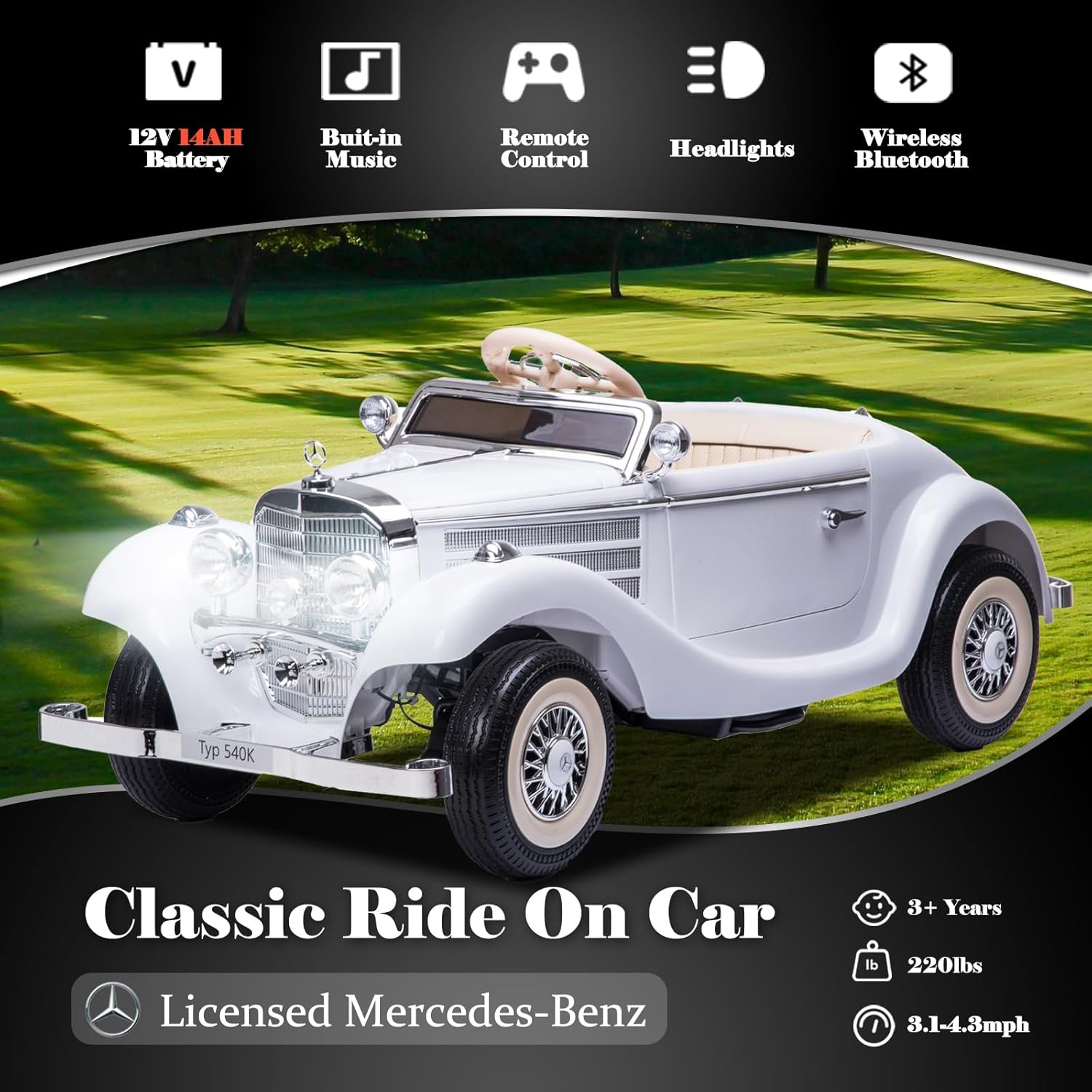 Large Ride On Car Compatible with Benz 12V Battery Powered Electric Vehicles with Remote Control for Kids 4WD Classic Ride on Toys with 2 Seater Parents-Child Ride on Car, White