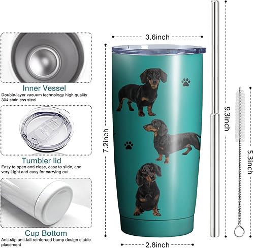 Miniatura 5 de Dachshund - Vaso térmico de acero inoxidable con tapa y pajilla, regalo conmemorativo ideal para perro, papámamá, 20 onzas