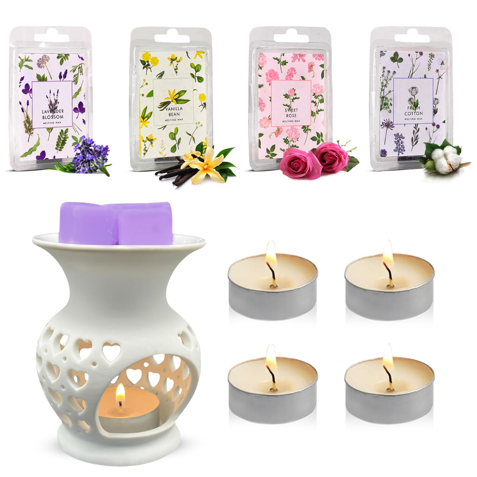Ceramic Wax Melt Burner & Wax Melts - Essential Oil Burners for Wax Melts Aroma Diffuser Love Heart Cutouts Furnace - Assorted Wax Warmer Aromatherapy Decor Gift Set for Home and Office