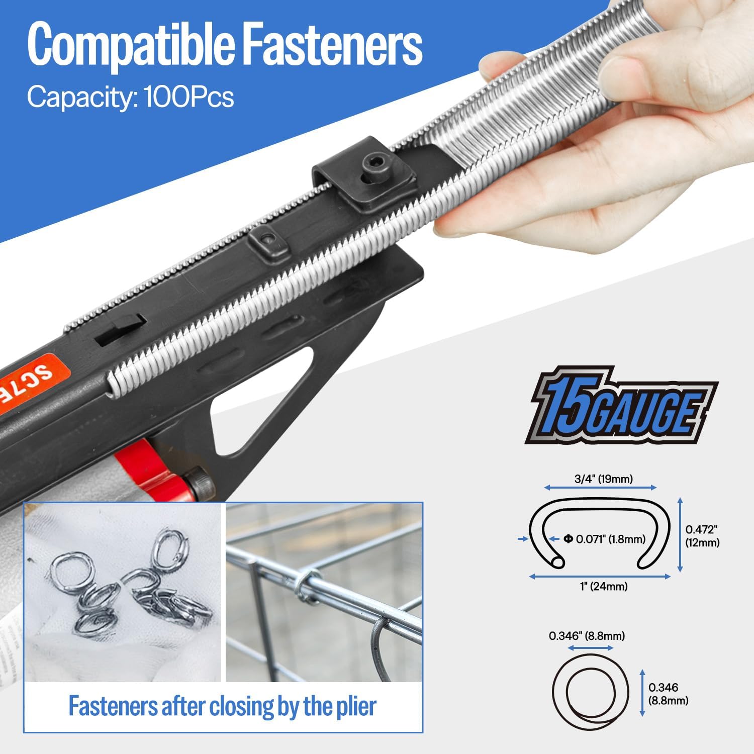 meite SC7E-I2 Pneumatic Hog Ring Gun with 2000PCS 15GA Hog Rings, 15 Gauge 3/4" Crown Extended Nose Hog Ring Pliers, 8.8 mm Closure, Upgrade Trigger Air C Ringer for Mattress Assembly