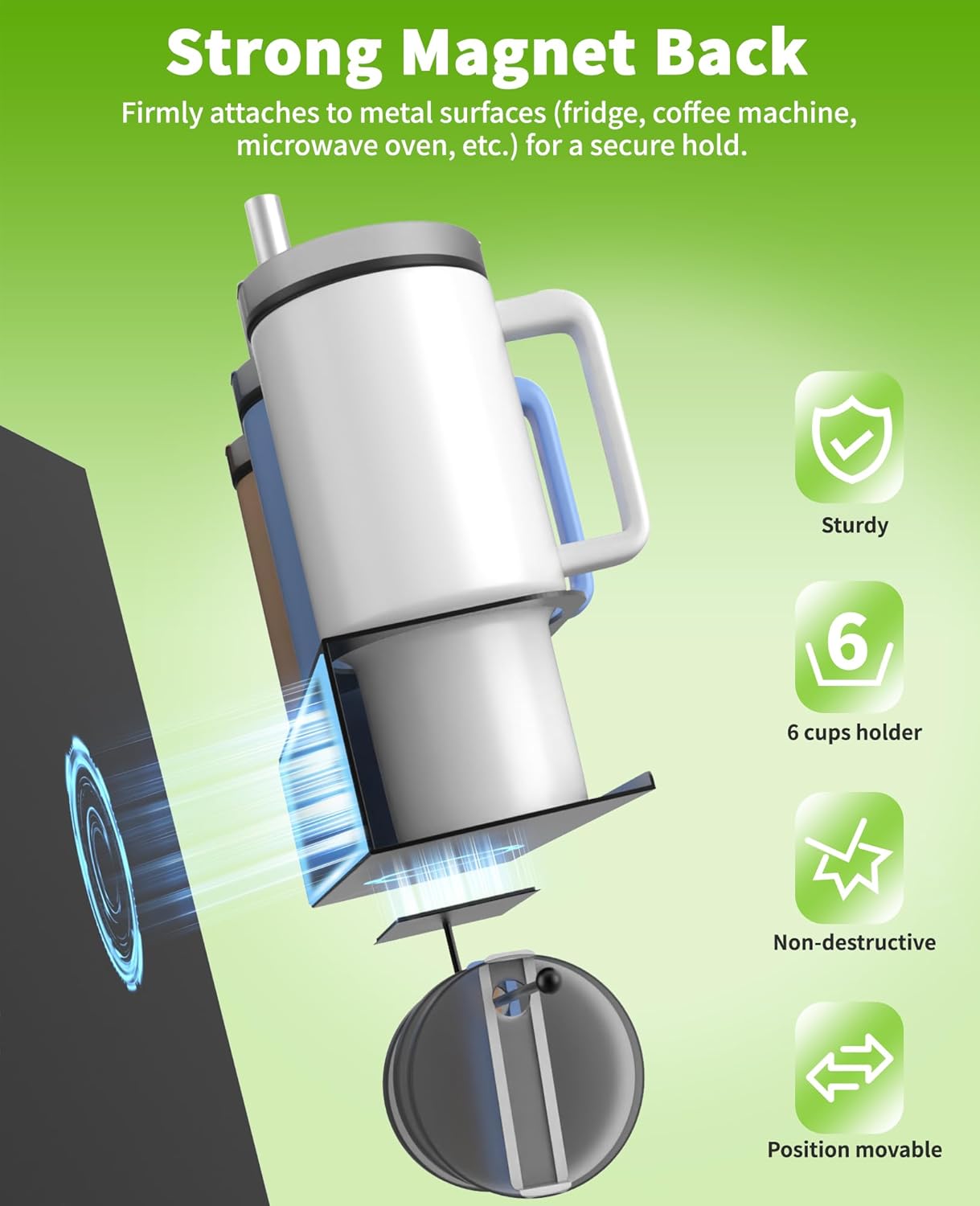 Magnetic Cup Holder for Fridge, Water Bottle Organizer, Magnetic Stanley Cup Organizer with 2 Holders & 1 Lid Rack, Tumbler Organizer Fits 20/30/40 oz Stanley Cups, Storage Rack for Kitchen Fridge - Image 3