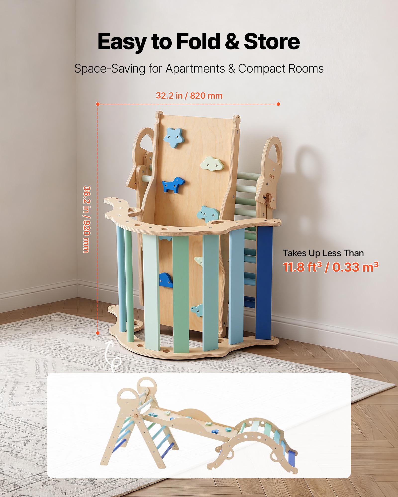 VEVOR Kletterdreieck 9-in-1 Kletterspielzeug mit Holzautos, Kissen, Rutsche & Kletterbogen, bis 68 kg, Montessori Indoor Spielset für Kinder 1-3 Jahre, Blau