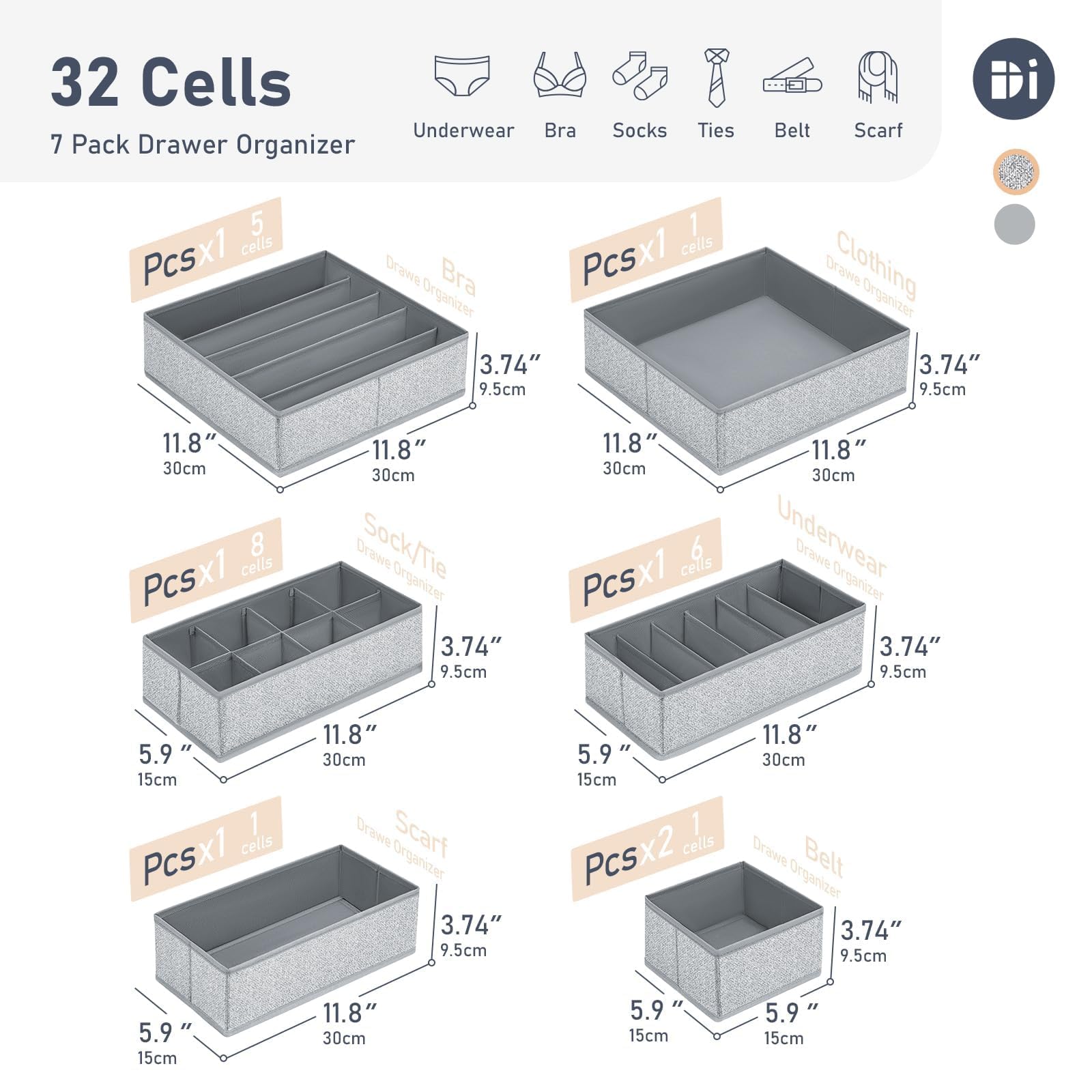 DIMJ Organizer Cassetti, Set da 7 Pezzi di Contenitori per armadio non Tessuta, Divisorio per Armadio Intimo Pieghevole, Organizer Cassetti Intimo Ripostiglio, Divisori per Cassetti, Grigio