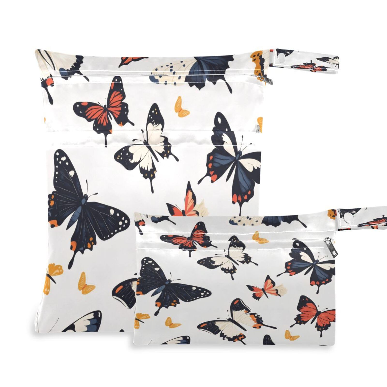 Takiito Retro Butterfly 2 Pcs Wet Dry Bags for Cloth Diapers, Waterproof & Reusable Wet Bag for Nursery Beach Pool Gym with Two Zippered Pockets