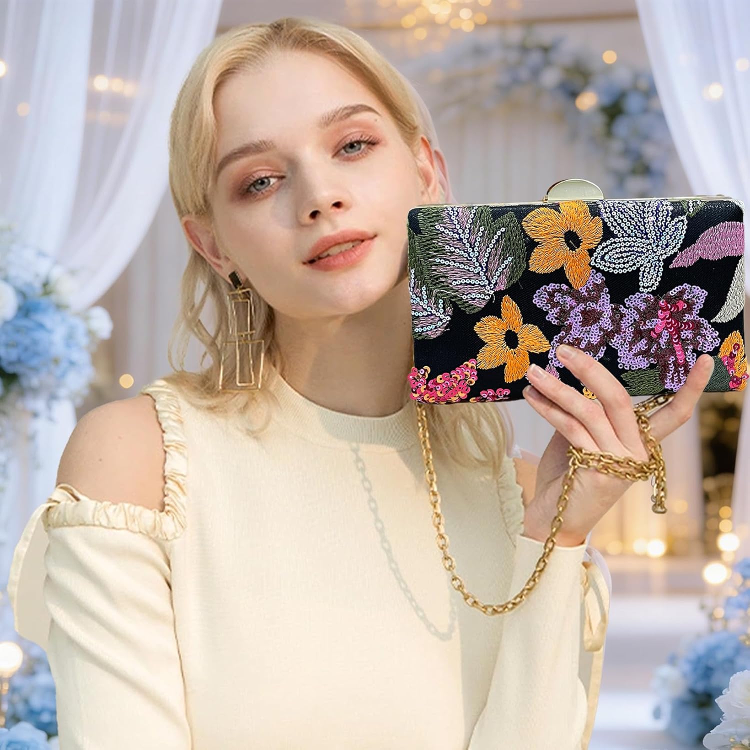 Women's Beaded Sequin Flower Clutch Purse Floral Embroidery Evening Bag For Formal Wedding Cocktail Party - Image 2