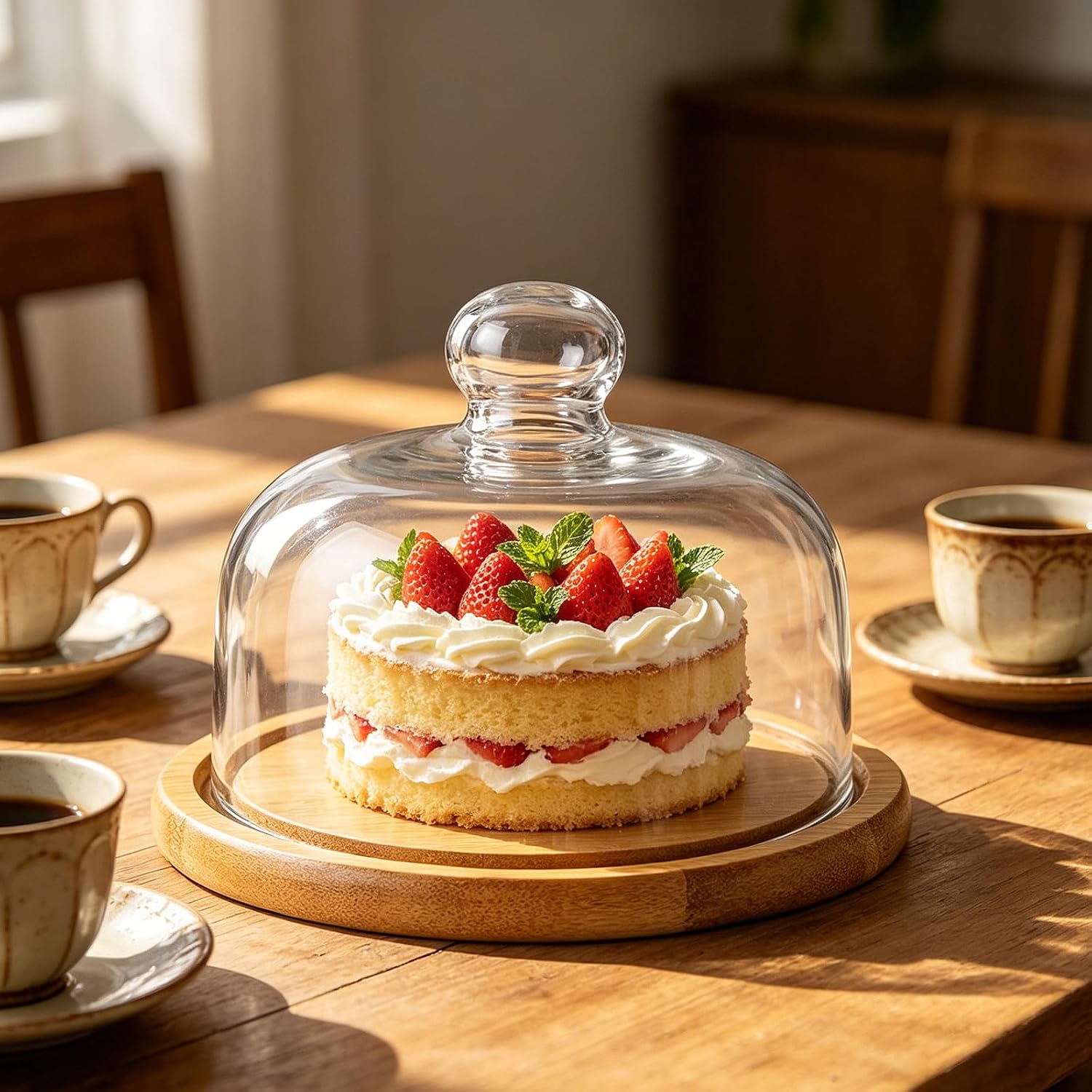 Clear Wooden glass Dessert Dome with Base, Round Cake Stand Cover, Pastry Display Cloche for Food, Cake Plate with Cover for Baking Gifts Birthday Kitchen Party Weddings (5.9 inch)