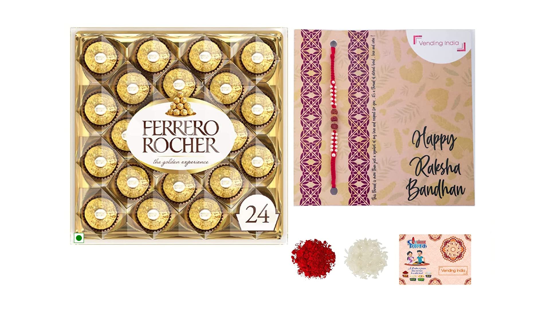 Vending India X Ferrero rocher T24- Rakhi Gift Combo with Roli, Chawal Chandan Mishri | AUR-R17 Rudraksha Rakhi for Brother Set in a Rakhi for Brother Card (B0B5P7JYG9) Amazon Price History, Amazon Price Tracker