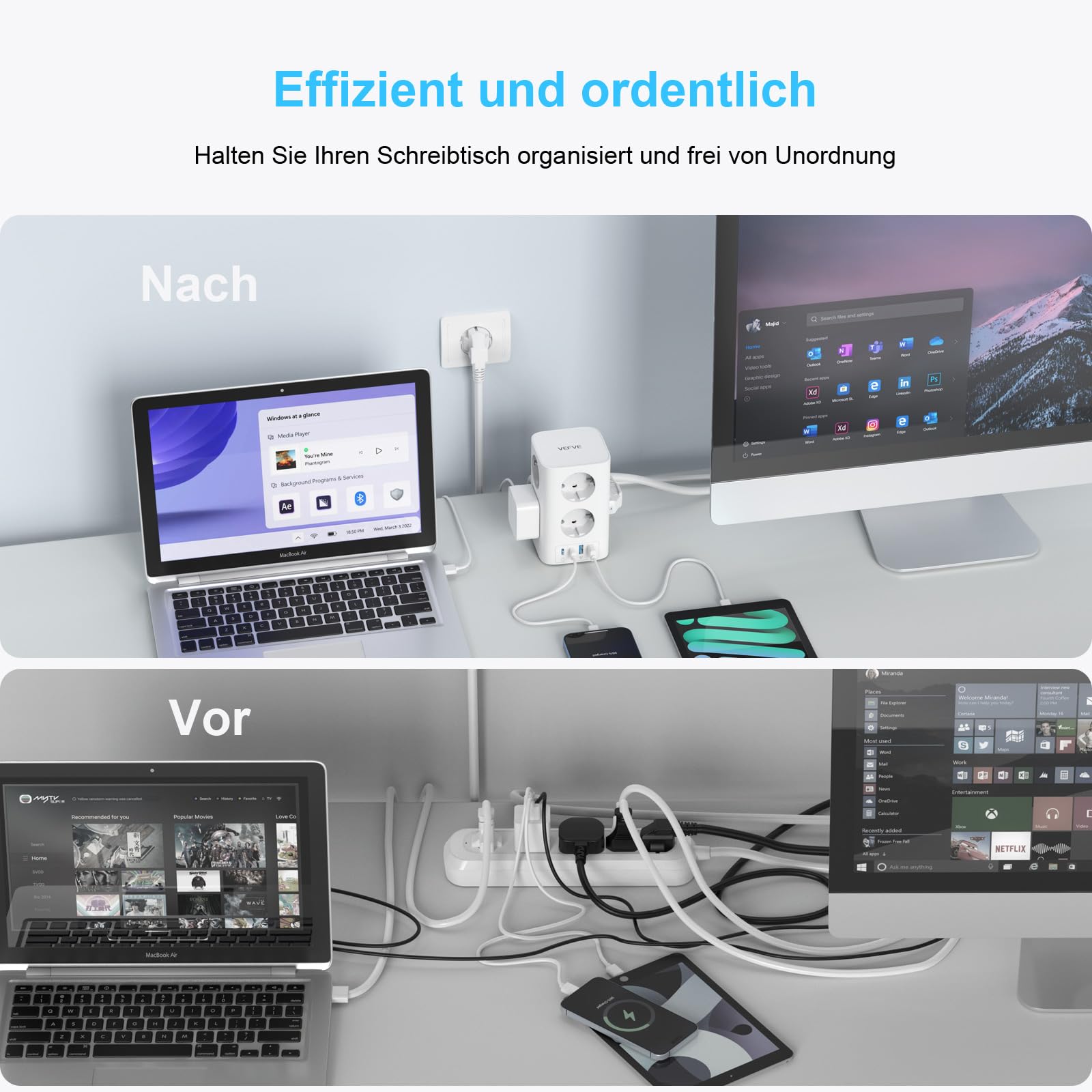 VEFVE Multiprise Tour 12 en 1 (4000W 16A), Bloc Prise Parafoudre avec USB C 30W GaN Charge Rapide, 8 Prises Françaises et 4 USB, Interrupteur, Câble 5m, Blanc