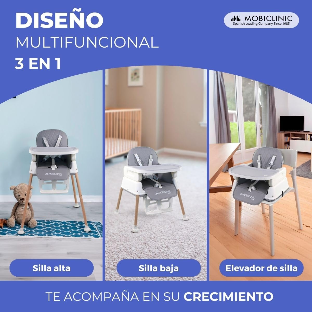 Mobiclinic® kids, Trona bebé evolutiva, 3 en 1, Kiara, Elevador + silla de juegos alta, Plegable, Arnés con 5 puntos, Bandeja ajustable, 6-36 meses, Hasta 15 kg, Textil impermeable