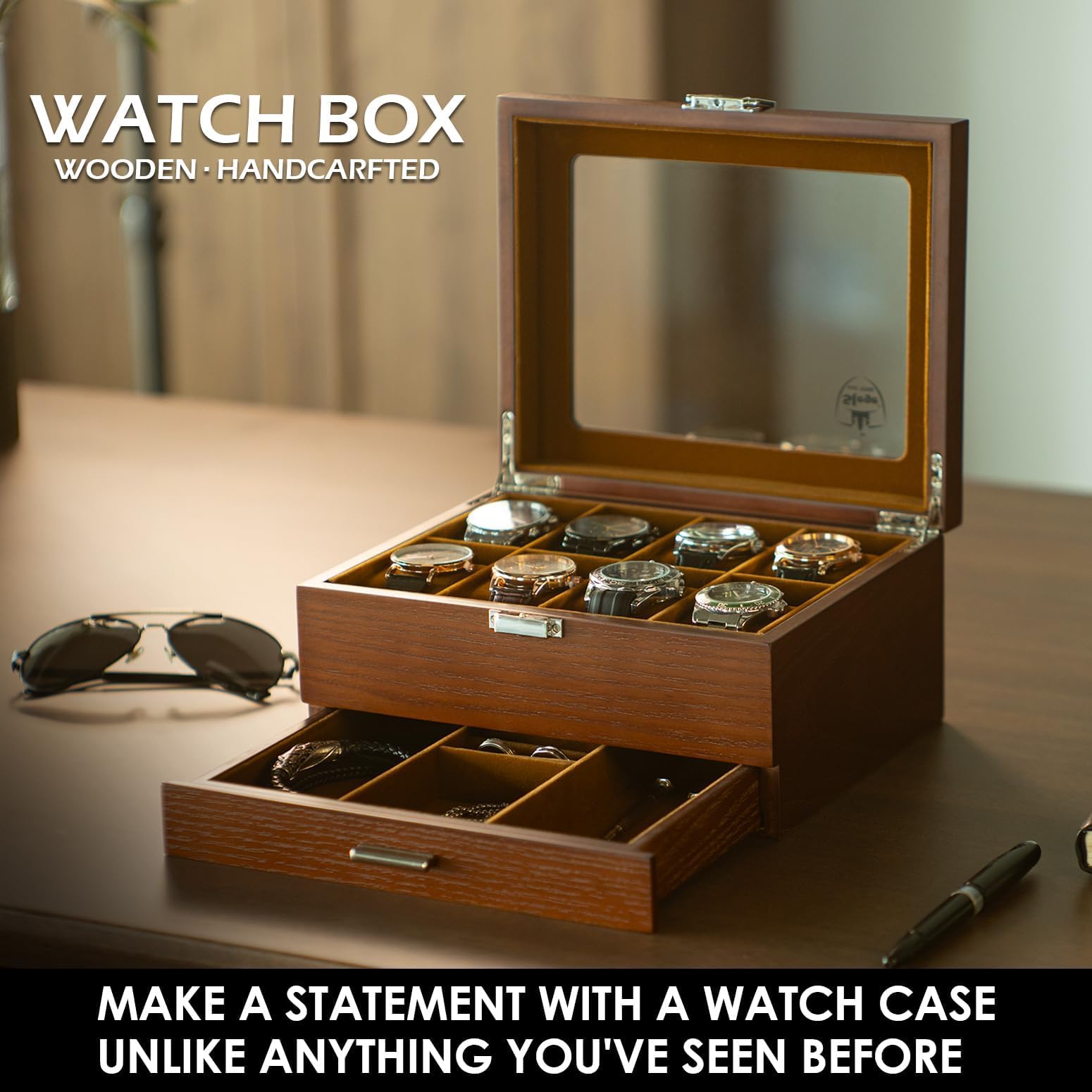 Slege Porta Orologi in Legno a 8 Posti,Scatola Portaorologi a 2 Livelli,Fatto Mano Elegante Scatola per Orologi,Coperchio in Vetro,Fodera Morbida,Cuscini Rimovibili,Regalo per Uomini e Donne,Watch Box