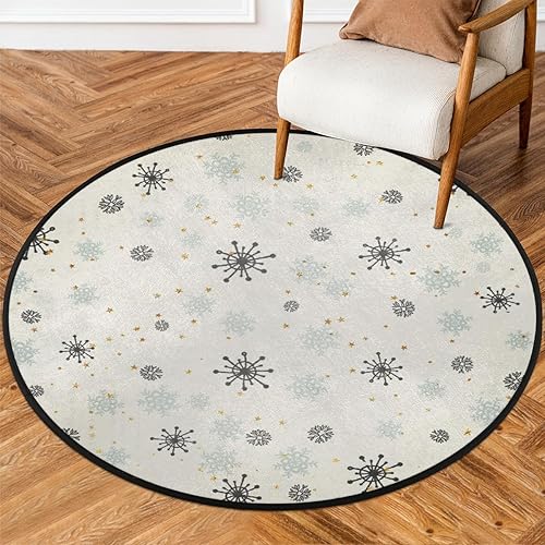 Christmas Snowflake Sequins Round Area Rug 3ft Machine Washable Circular Rugs for Dining Room Table Bedroom Playroom Throw Rugs for Dog Living Room