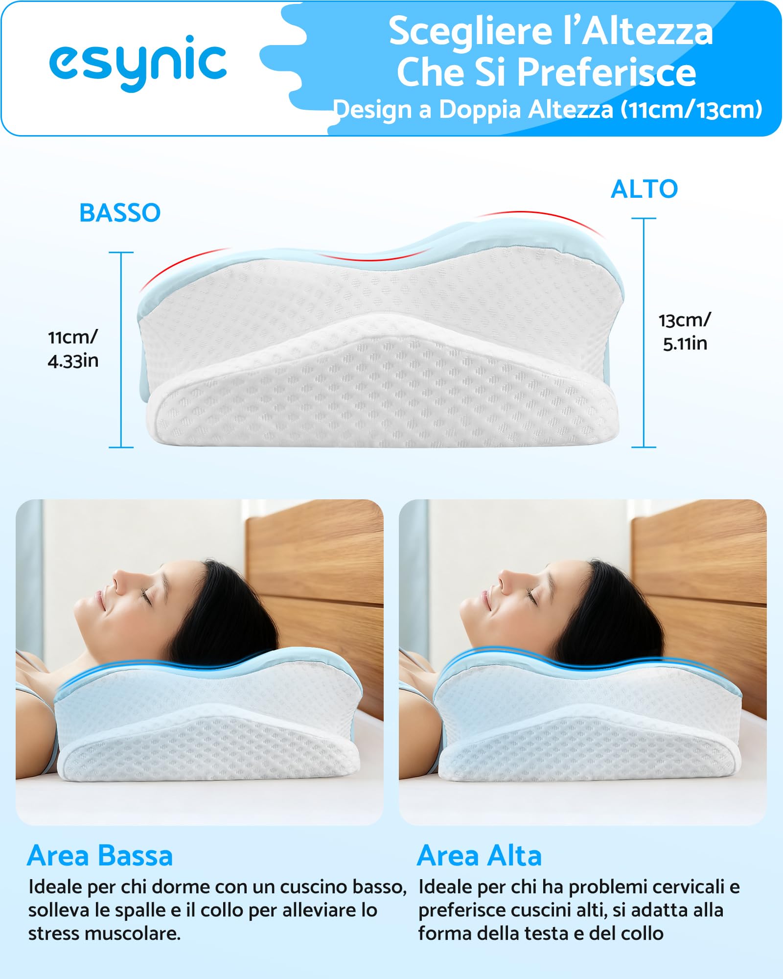 eSynic Cuscino Cervicale in Memory Foam Ergonomico con Doppia Altezza 11/13cm, Cuscino Ortopedico per Chi Dorme sul Fianco o Supino, Federa Ice Silk Traspirante Lavabile, 60x39cm - Azzurro