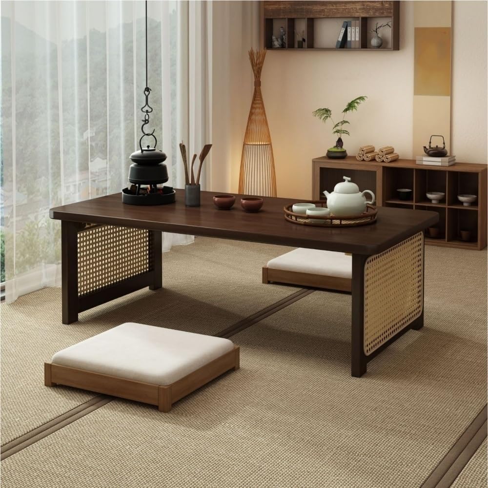 Bamboo Folding Coffee Table, Low Table for Sitting on The Floor, No Assembly Small Coffee Tables for Living Room, Tatami Tea, Dining, Bedroom(Brown,100cm-39.4in)