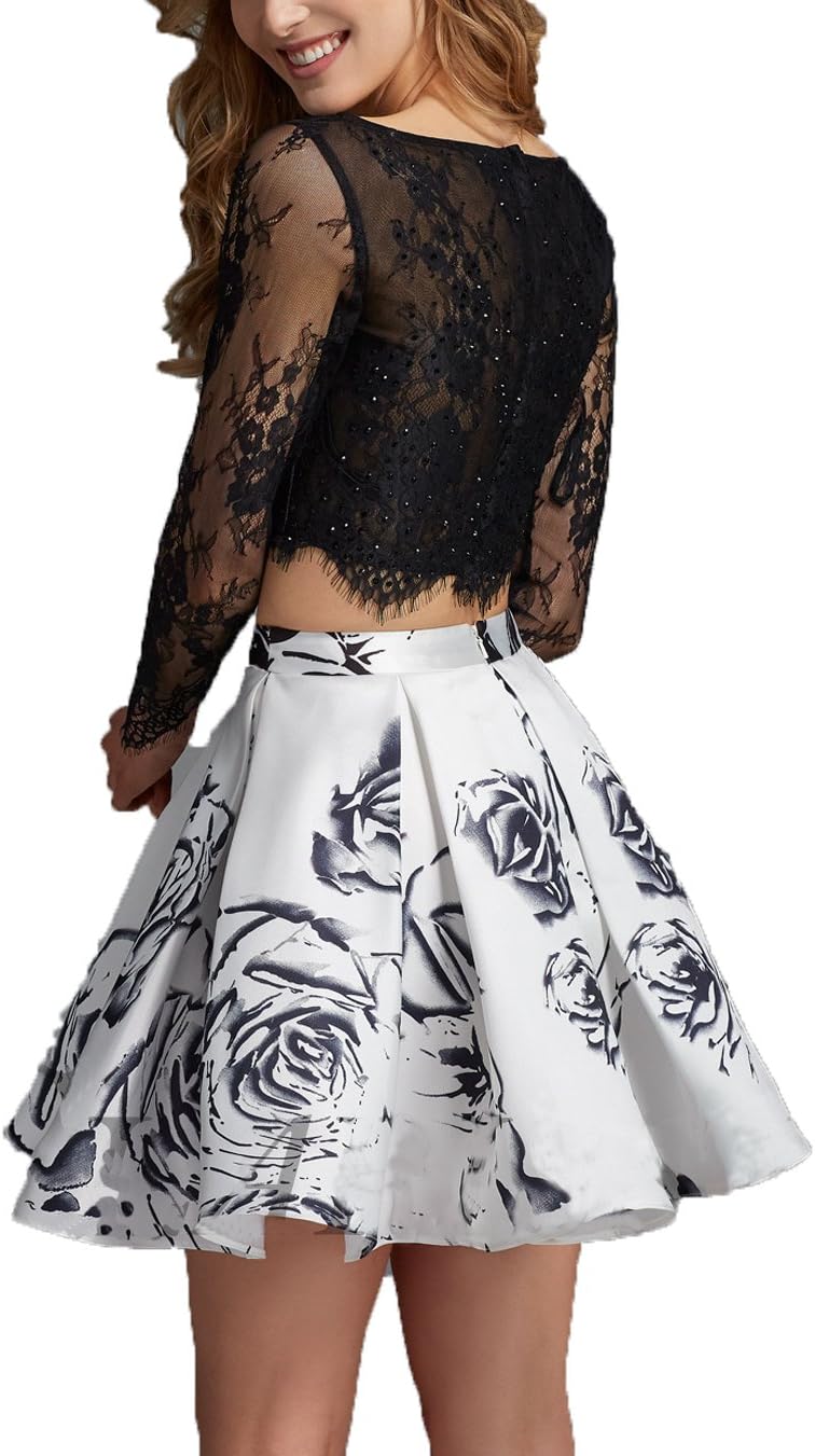 Printing Floral Short Two Pieces Lace Long Sleeve Prom Dress Homecoming Formal Gown Plus Size