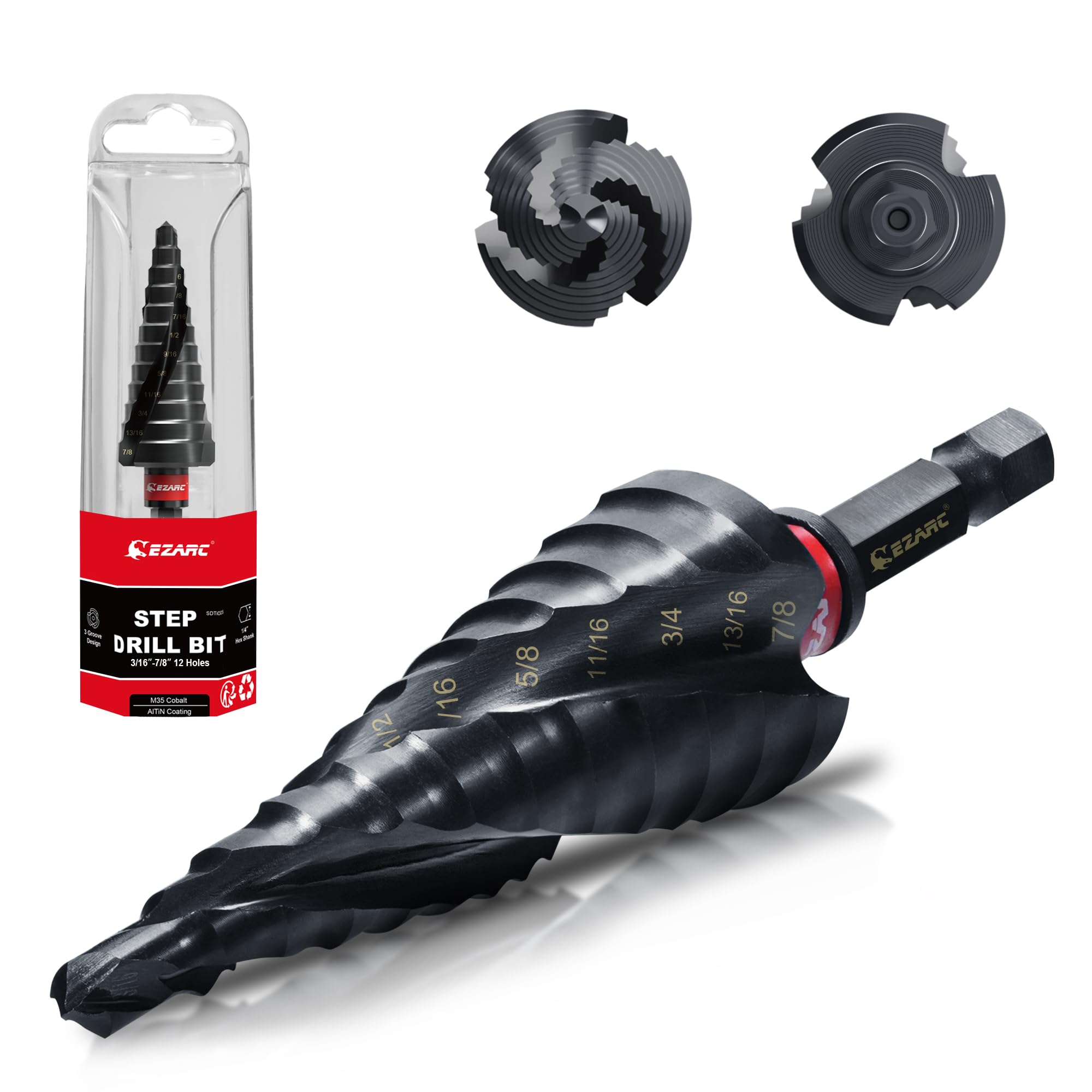 ezarc step drill bit for metal, m35 cobalt step drill spiral flute unibit step drill bit (3/16''-7/8'') wear-resistant altin coated, 1/4" hex shank for metal, stainless steel, aluminum, plastic