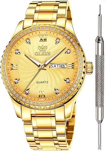 OLEVS Relojes de lujo con diamantes para hombres impermeables fino casual reloj con calendario analógico de cuarzo reloj para Navidad