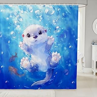 Sea Otters Shower Curtain,Cute Otter Bathroom Curtain,Kawaii Underwater Animals Waterproof Curtain for Kids Girls Boys Teens Room Decor,Watercolor Blue Ocean Bath Curtain,12 Hooks,72"Wx72"L