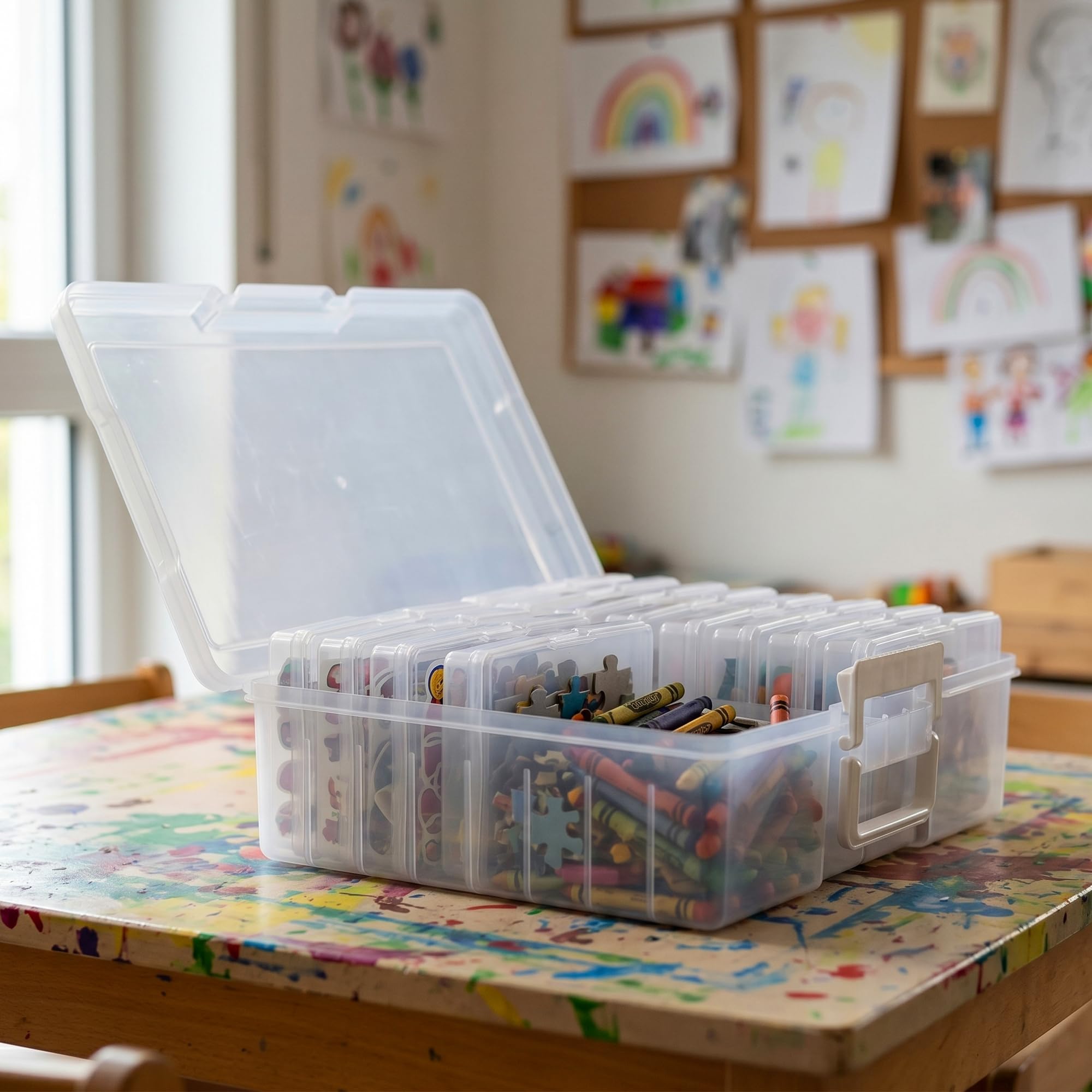 Fotobox Aufbewahrungsbox mit 16 Fächern, Foto Aufbewahrungsbox 38 x 31 x 13 cm transparent PP mit Griff Deckel, Foto Organizer Box für Fotos Karten Handwerk
