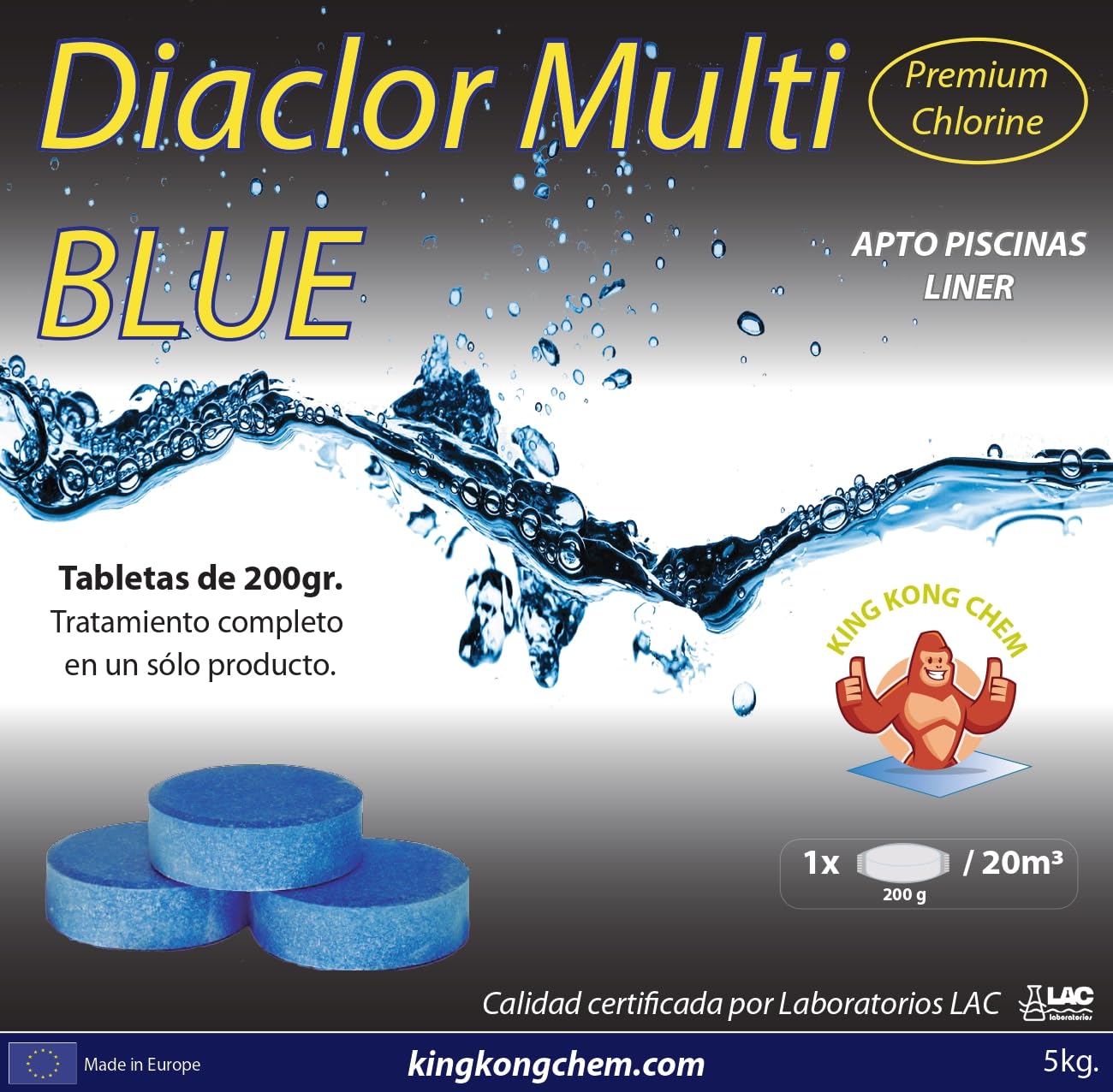 Pastillas de Cloro DIACLOR Multi Blue 200 gr 5 KG Extra clarificante - Envasado Individual - 25 Pastillas de Cloro Multiacción (Pastilla 200 gr - Diámetro 7,5 cm) – SIN Cobre