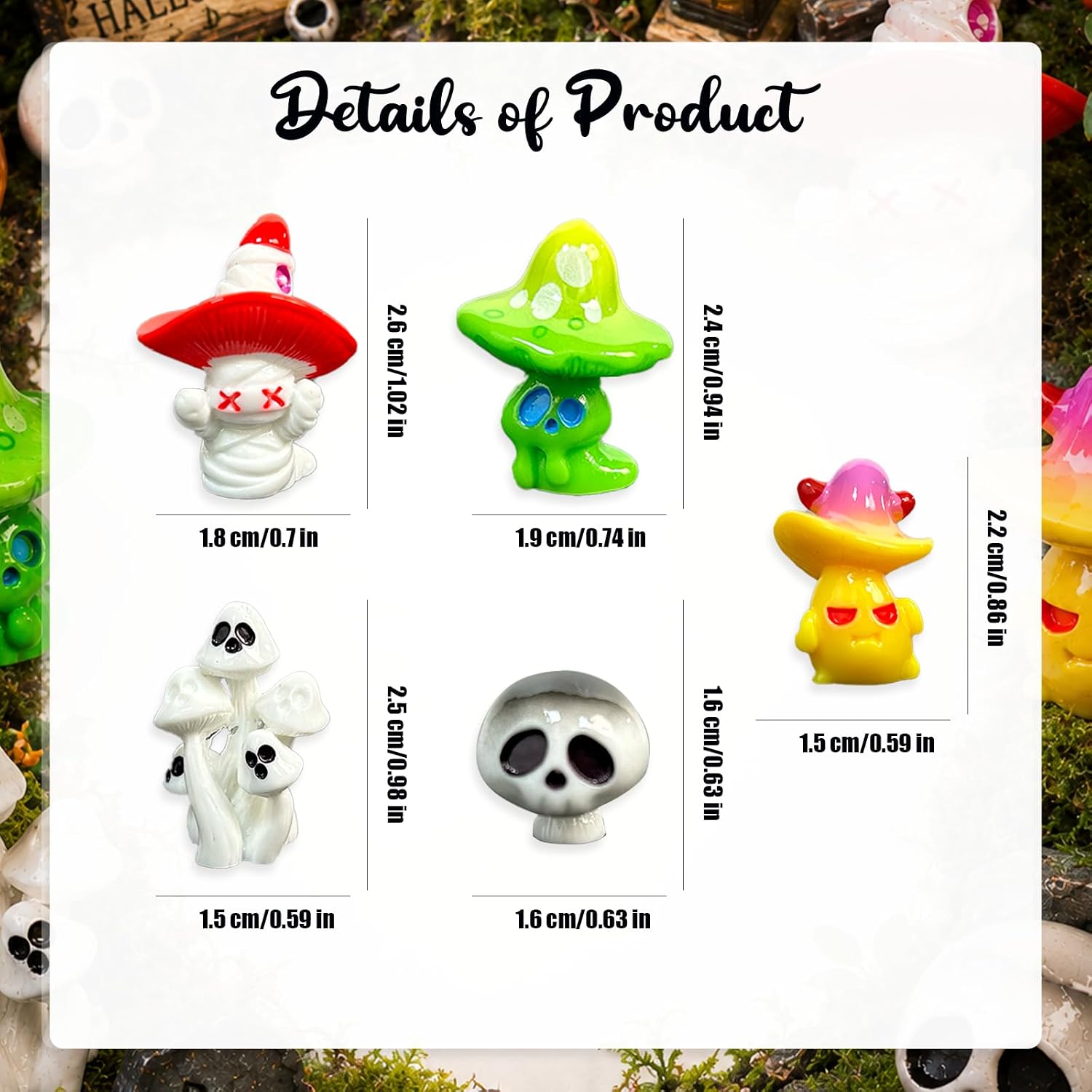 Halloween Mini Mushroom Ghost Figurines, Cute Fairy Garden Decor Set | Cute Halloween Mini Figurines With Ghost, Skull And Mushroom Designs For Fairy Garden, Tabletop And Party Decorations