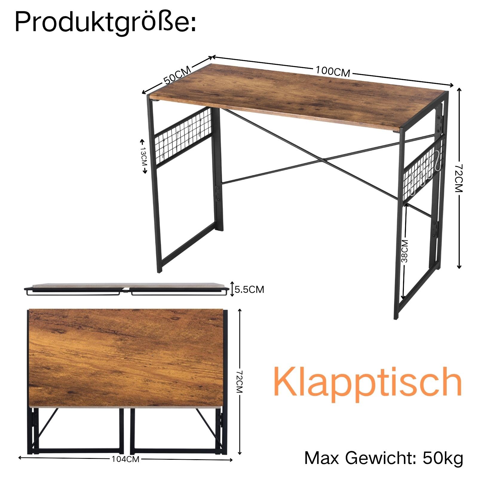 FurnitureR Zeichentisch faltbar 100x50cm - Künstler Tisch mit Neigungsfunktion? Nein! Stattdessen: Stahlrahmen + 8 Haken für Pinsel/Eimer, 50kg, 5,5cm flach