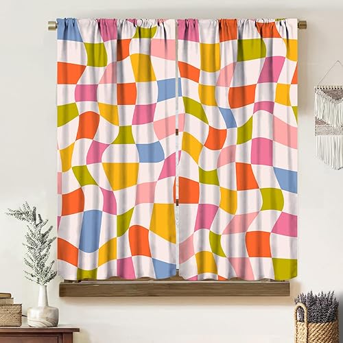 2 paneles de 2 paneles de cortinas vintage con diseño de ondas brillantes, estilo hippie, divertidas, trippy de los años 70, retro, abstracto,