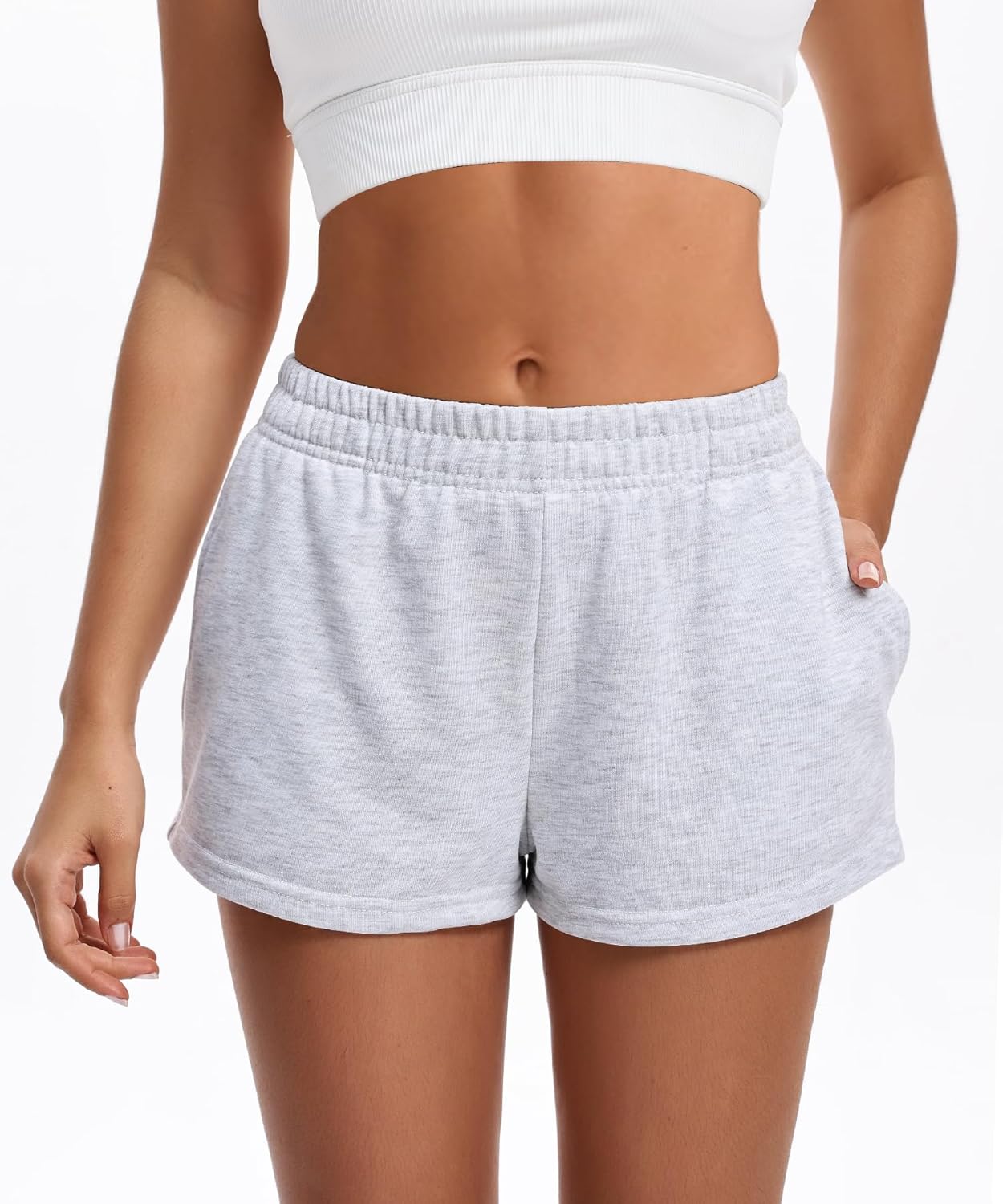 Womens Sweat Shorts Casual Comfy Summer Elastic High Waist Cotton Lounge Shorts with Pockets - Image 2