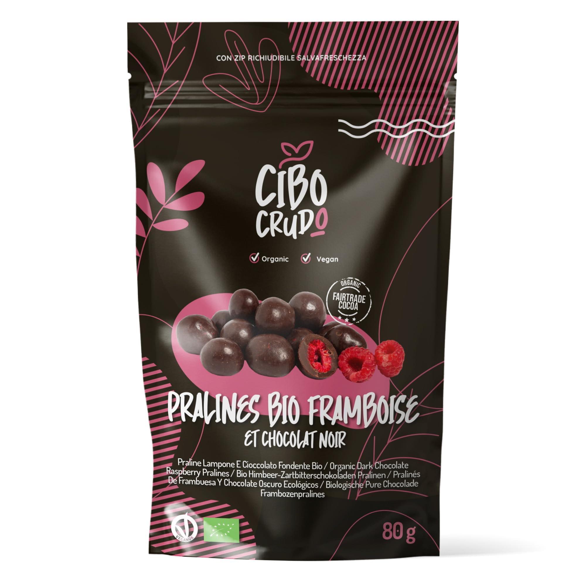 Framboise Enrobées de Chocolat Noir - 80g. Nuggets de Framboises Enrobés de Chocolat Noir à 90%. Framboises Pralinées au Cucre. Doux Cadeau pour la Saint-Valentin.