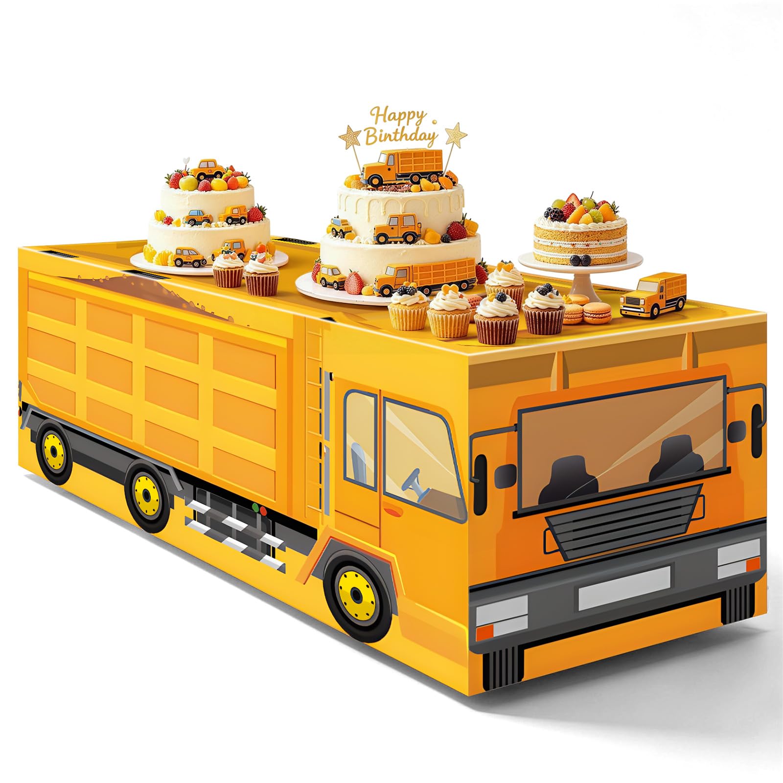 6FT Construction Dump Truck Tablecloth, Bold Yellow Heavy Equipment Print Washable Reusable Fabric Table Cover for Kids Birthday Table Decor, Construction Party Supplies, and Truck Theme Decorations — image 1