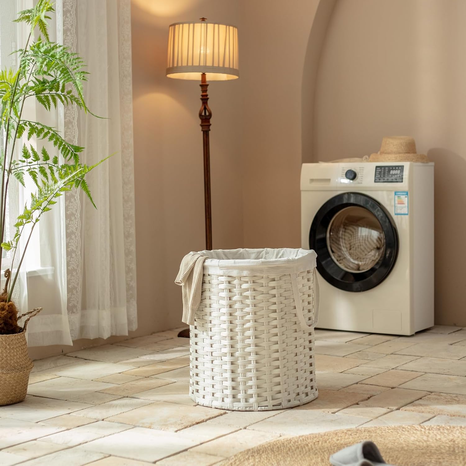 Laundry Basket, Handwoven Rattan Laundry Hamper, No Install Needed, 26.5 Gal (100L) Round Clothes Hamper with Removable Bag & Handles, Foldable Storage Basket for Bedroom(White), Large