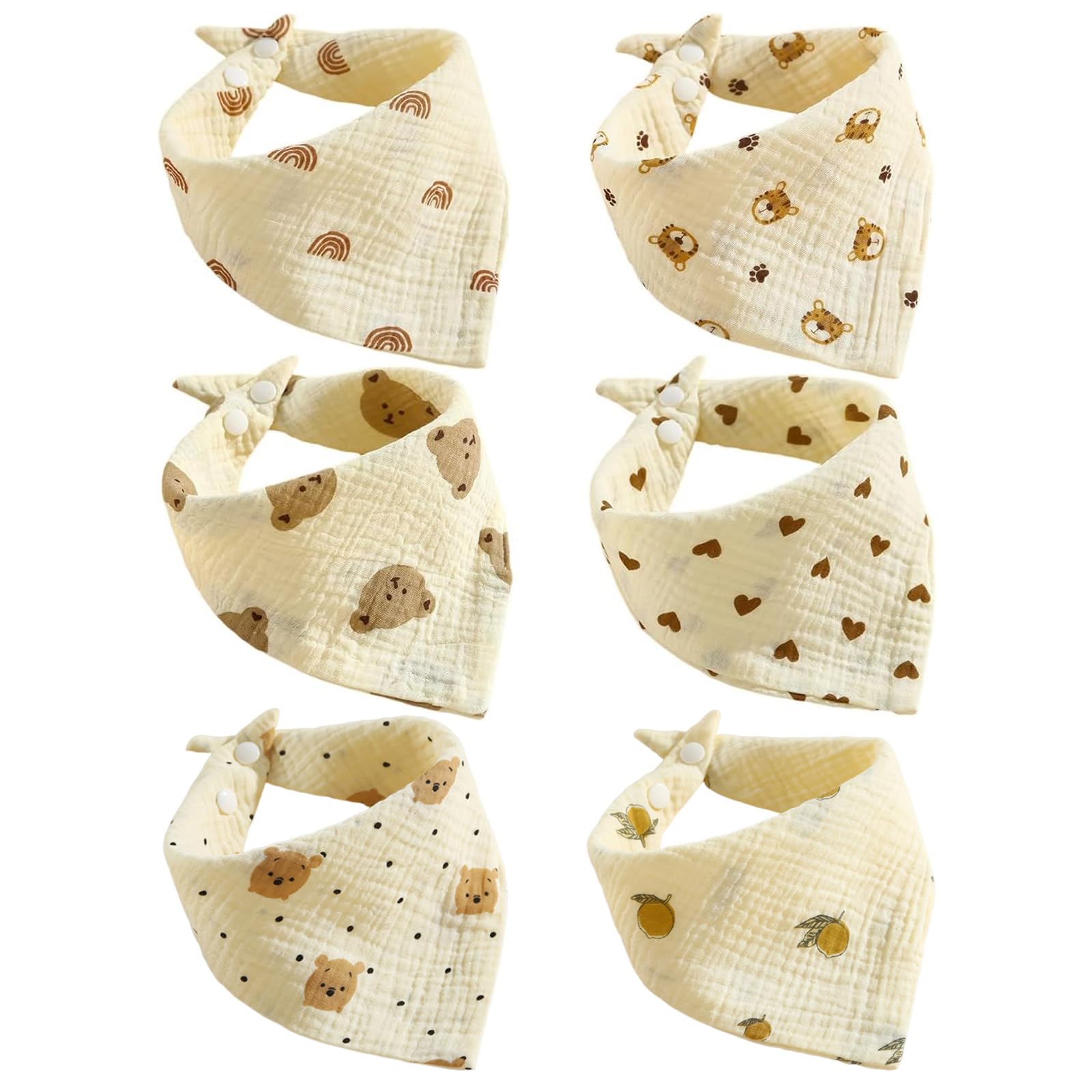 WPNCYK 6-Pack Baby Drool Bibs - 100% Cotton Absorbent Dribble Bibs for Newborns, Infants & Toddlers | Soft Washable Bibs with 6 Adorable Animal & Fruit Designs (Bear, Tiger, Lemon+)