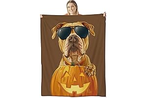 Halloween Dog Decorations Blanket Warm Cozy Reversible Throw Blanket Pitbull Pumpkin Flannel Soft Blanket