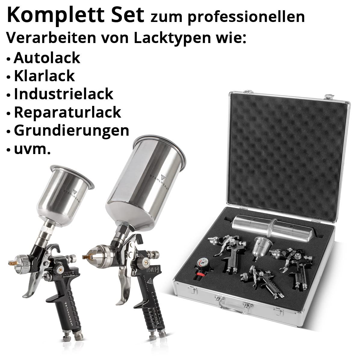 STAHLWERK HVLP Lackierpistolen Set SGS-1125 ST 21 Teile mit 3 Druckluft Lackierpistolen, 0,8/1,4/1,7 mm Düsensatz, Lackierpistolen-Halter (3 Lackierpistolen Set)