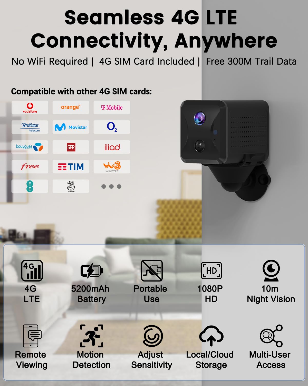 UCOCARE Telecamera con SIM 4G da Interno, Mini Telecamera 4G Senza WiFi | Batteria 5200mAh, AI Rilevamento Movimento, Visione 160°, Visione Notturna, FHD 2K Portatile per Auto, Campeggio e Viaggi