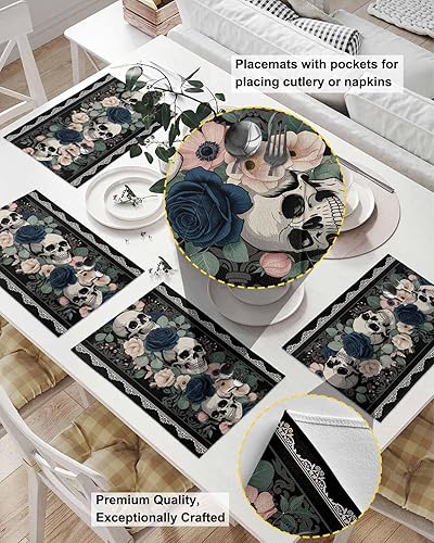 Miniatura 2 de Juego de 2 manteles individuales góticos de Halloween, calaveras de terror espeluznantes, flores románticas, manteles individuales tejidos lavables