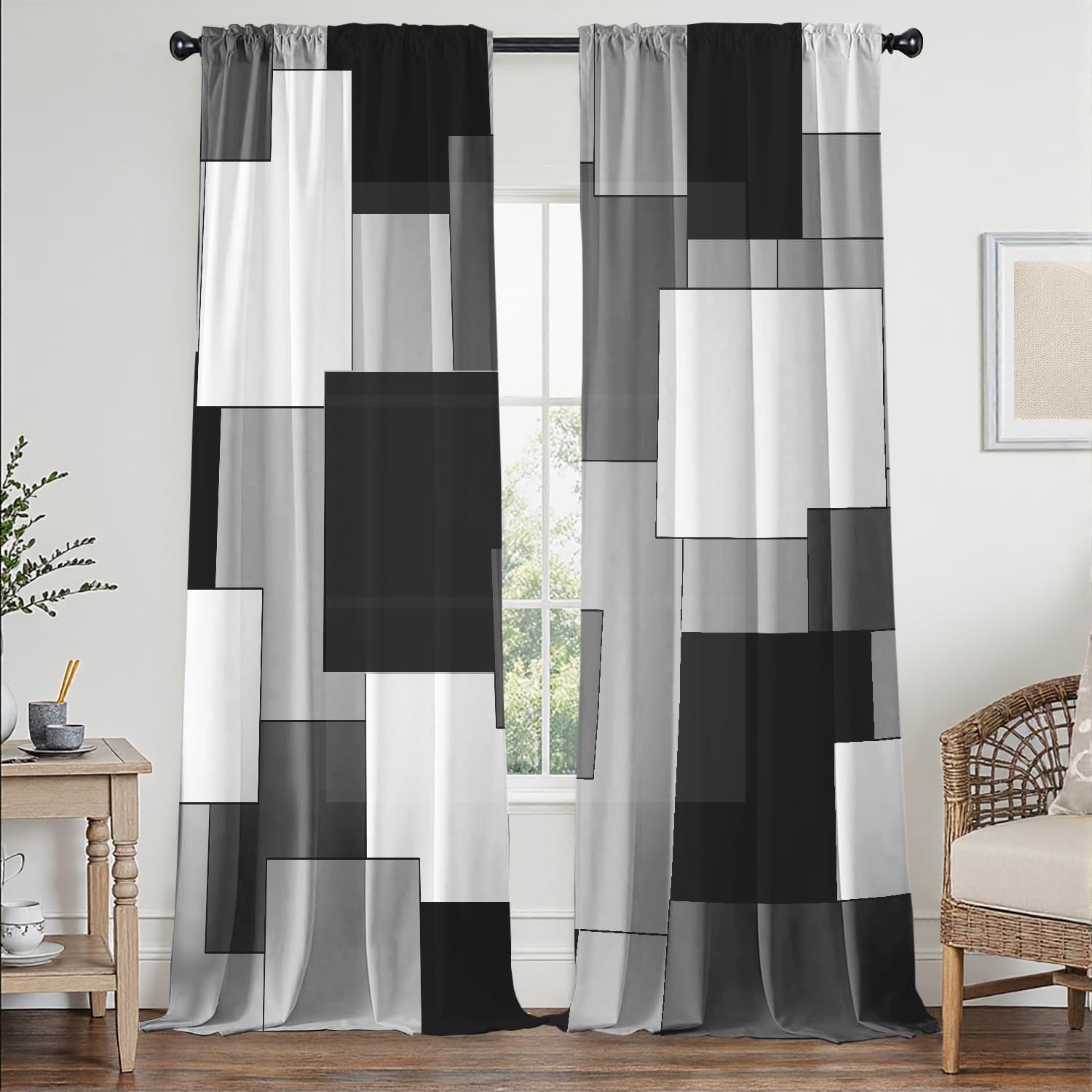 Black and Grey Curtains for Living Room 84 Length Geometry Curtains Modern Black White Gray Abstract Rod Pocket Curtain for Bedroom Kitchen Room Window Drapes 2 Panels